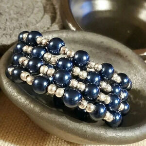 Hanukkah Holiday Bracelet Dark Blue Glass Pearl Silver Beads Wrap